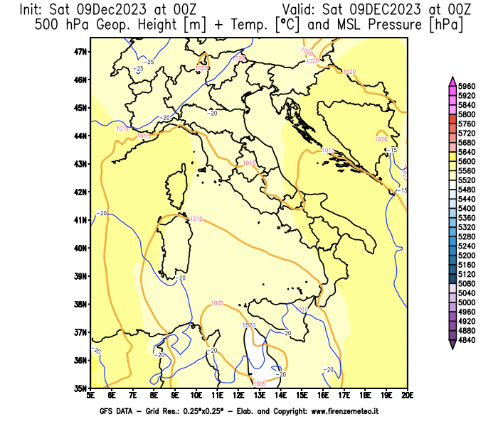 GFS analysi map - Geopotential + Temp. at 500 hPa + Sea Level Pressure in Italy
									on December 9, 2023 H00
