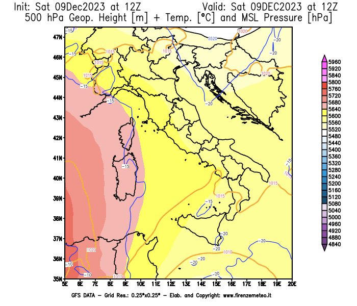 GFS analysi map - Geopotential + Temp. at 500 hPa + Sea Level Pressure in Italy
									on December 9, 2023 H12
