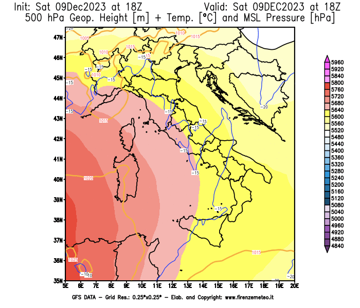 GFS analysi map - Geopotential + Temp. at 500 hPa + Sea Level Pressure in Italy
									on December 9, 2023 H18