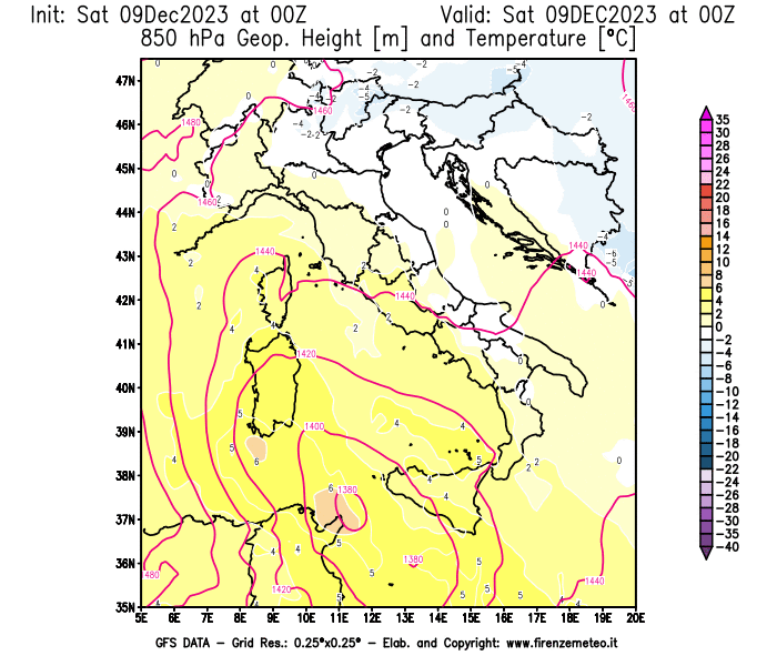GFS analysi map - Geopotential and Temperature at 850 hPa in Italy
									on December 9, 2023 H00