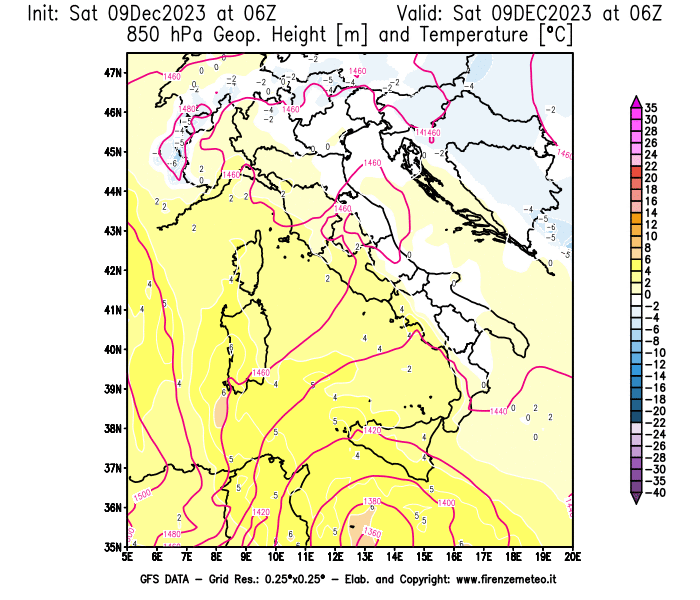 GFS analysi map - Geopotential and Temperature at 850 hPa in Italy
									on December 9, 2023 H06