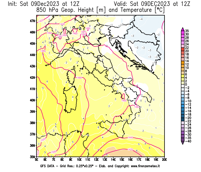 GFS analysi map - Geopotential and Temperature at 850 hPa in Italy
									on December 9, 2023 H12
