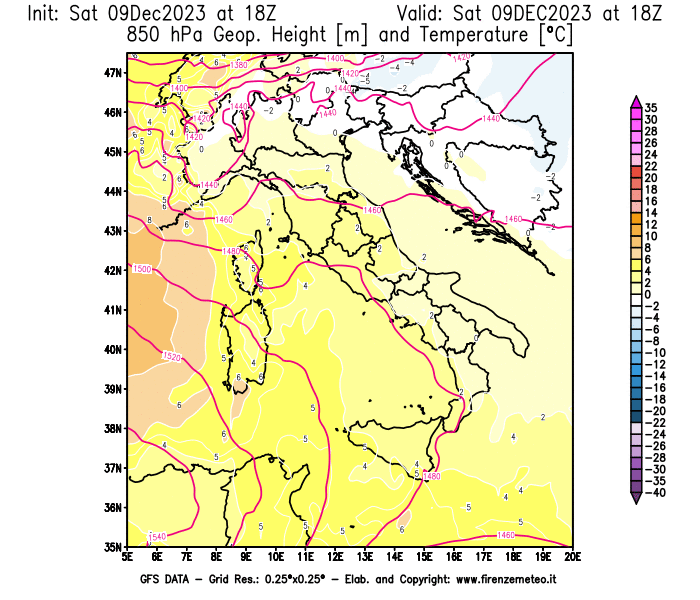 GFS analysi map - Geopotential and Temperature at 850 hPa in Italy
									on December 9, 2023 H18