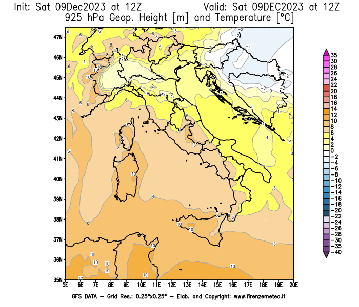 GFS analysi map - Geopotential and Temperature at 925 hPa in Italy
									on December 9, 2023 H12