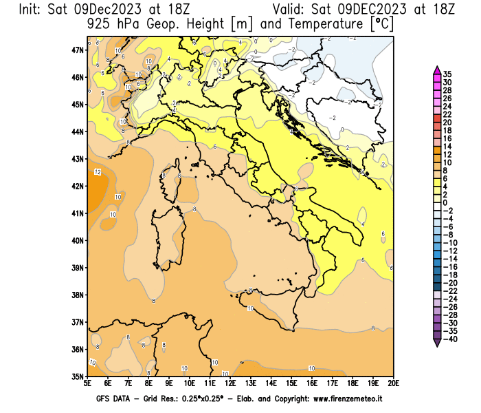 GFS analysi map - Geopotential and Temperature at 925 hPa in Italy
									on December 9, 2023 H18