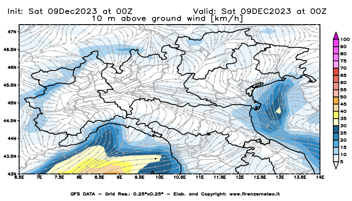GFS analysi map - Wind Speed at 10 m above ground in Northern Italy
									on December 9, 2023 H00