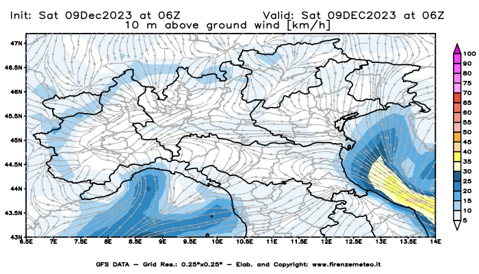 GFS analysi map - Wind Speed at 10 m above ground in Northern Italy
									on December 9, 2023 H06