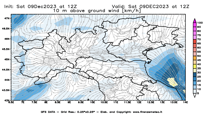 GFS analysi map - Wind Speed at 10 m above ground in Northern Italy
									on December 9, 2023 H12