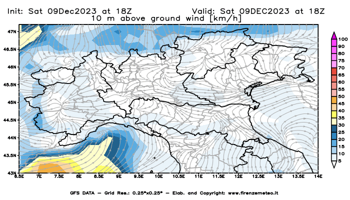 GFS analysi map - Wind Speed at 10 m above ground in Northern Italy
									on December 9, 2023 H18