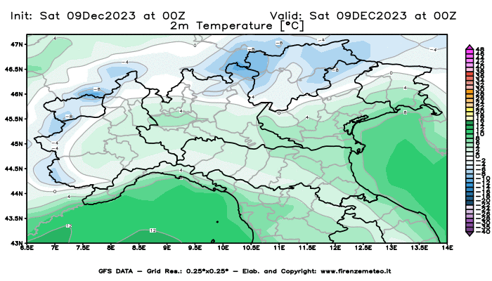 GFS analysi map - Temperature at 2 m above ground in Northern Italy
									on December 9, 2023 H00