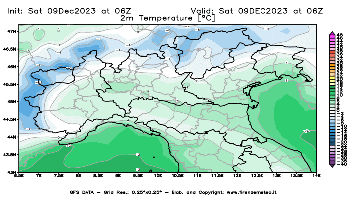 GFS analysi map - Temperature at 2 m above ground in Northern Italy
									on December 9, 2023 H06