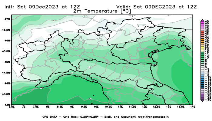 GFS analysi map - Temperature at 2 m above ground in Northern Italy
									on December 9, 2023 H12
