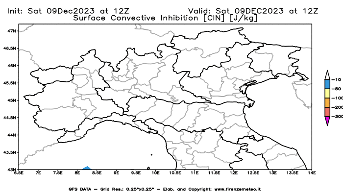GFS analysi map - CIN in Northern Italy
									on December 9, 2023 H12