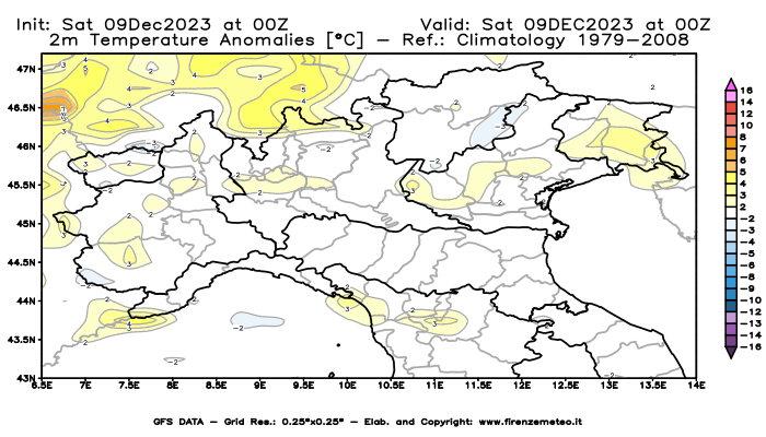 GFS analysi map - Temperature Anomalies at 2 m in Northern Italy
									on December 9, 2023 H00
