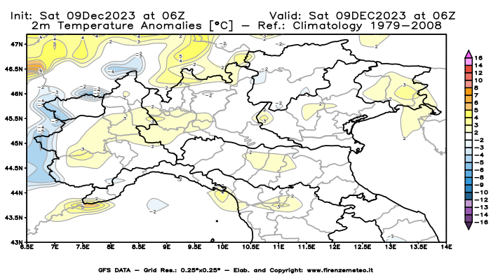 GFS analysi map - Temperature Anomalies at 2 m in Northern Italy
									on December 9, 2023 H06