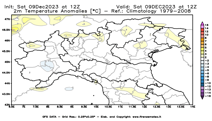 GFS analysi map - Temperature Anomalies at 2 m in Northern Italy
									on December 9, 2023 H12
