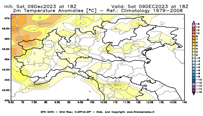 GFS analysi map - Temperature Anomalies at 2 m in Northern Italy
									on December 9, 2023 H18