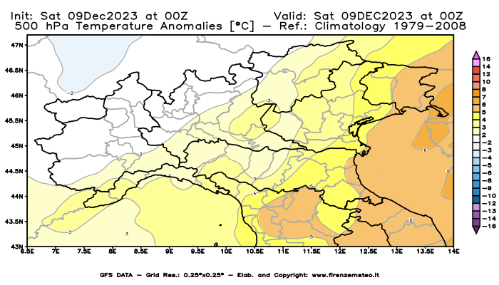 GFS analysi map - Temperature Anomalies at 500 hPa in Northern Italy
									on December 9, 2023 H00