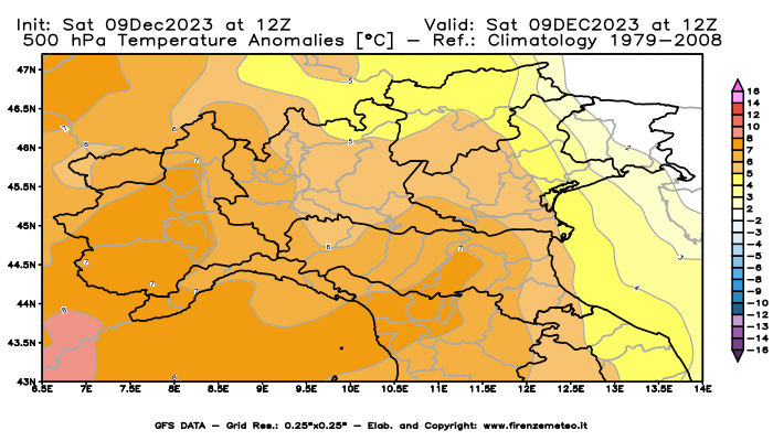 GFS analysi map - Temperature Anomalies at 500 hPa in Northern Italy
									on December 9, 2023 H12