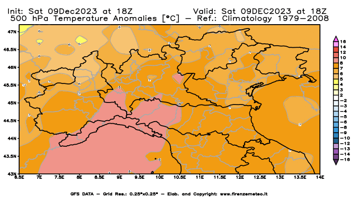 GFS analysi map - Temperature Anomalies at 500 hPa in Northern Italy
									on December 9, 2023 H18