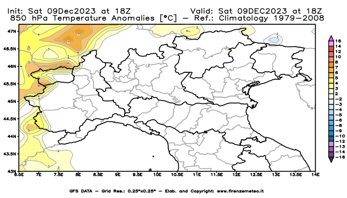 GFS analysi map - Temperature Anomalies at 850 hPa in Northern Italy
									on December 9, 2023 H18