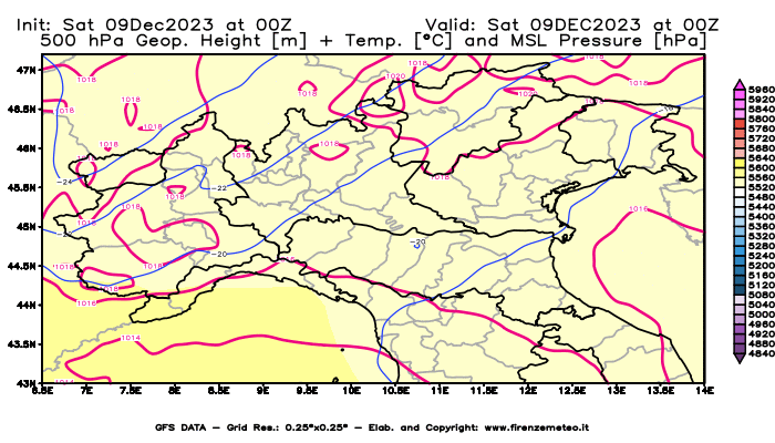 GFS analysi map - Geopotential + Temp. at 500 hPa + Sea Level Pressure in Northern Italy
									on December 9, 2023 H00