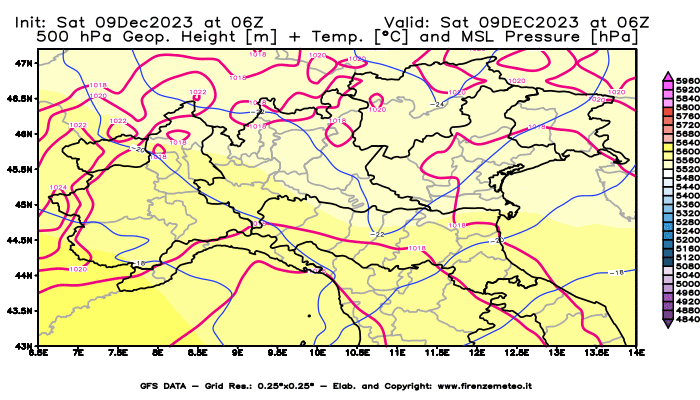 GFS analysi map - Geopotential + Temp. at 500 hPa + Sea Level Pressure in Northern Italy
									on December 9, 2023 H06