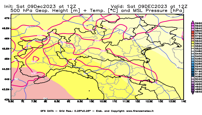 GFS analysi map - Geopotential + Temp. at 500 hPa + Sea Level Pressure in Northern Italy
									on December 9, 2023 H12
