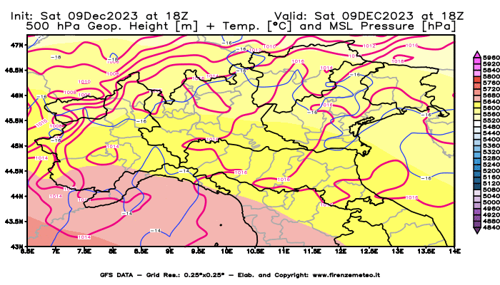 GFS analysi map - Geopotential + Temp. at 500 hPa + Sea Level Pressure in Northern Italy
									on December 9, 2023 H18