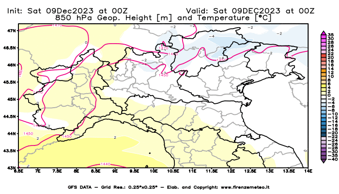 GFS analysi map - Geopotential and Temperature at 850 hPa in Northern Italy
									on December 9, 2023 H00
