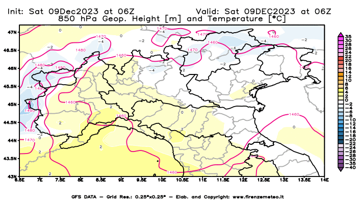 GFS analysi map - Geopotential and Temperature at 850 hPa in Northern Italy
									on December 9, 2023 H06