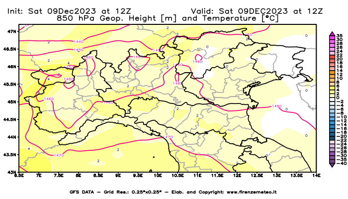 GFS analysi map - Geopotential and Temperature at 850 hPa in Northern Italy
									on December 9, 2023 H12