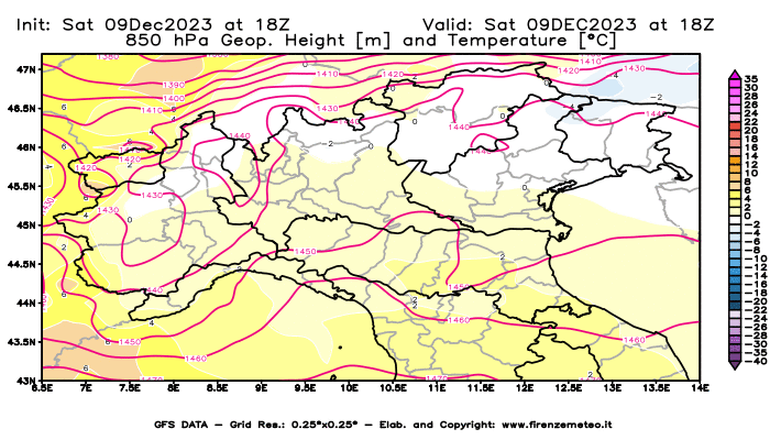 GFS analysi map - Geopotential and Temperature at 850 hPa in Northern Italy
									on December 9, 2023 H18