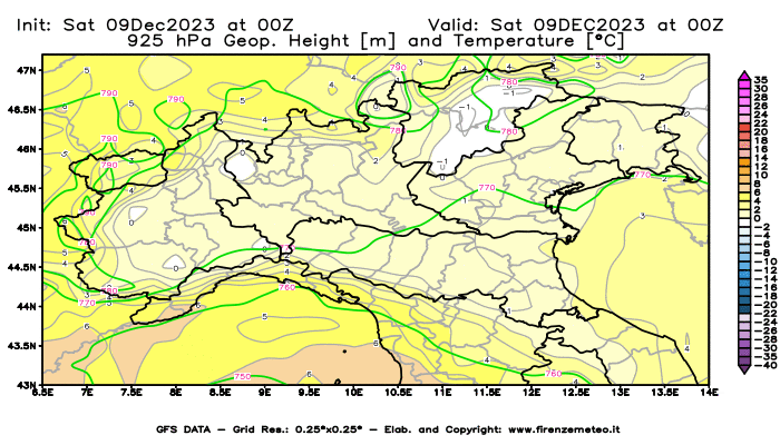 GFS analysi map - Geopotential and Temperature at 925 hPa in Northern Italy
									on December 9, 2023 H00