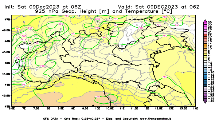 GFS analysi map - Geopotential and Temperature at 925 hPa in Northern Italy
									on December 9, 2023 H06