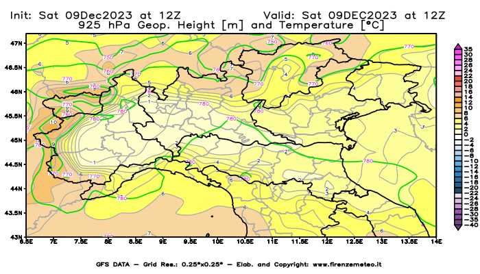 GFS analysi map - Geopotential and Temperature at 925 hPa in Northern Italy
									on December 9, 2023 H12