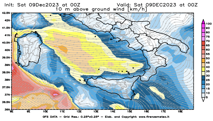 GFS analysi map - Wind Speed at 10 m above ground in Southern Italy
									on December 9, 2023 H00
