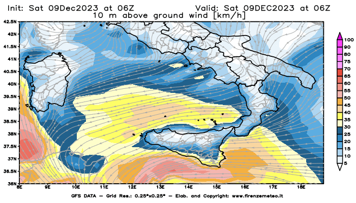 GFS analysi map - Wind Speed at 10 m above ground in Southern Italy
									on December 9, 2023 H06