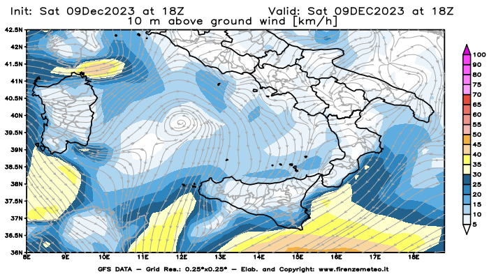 GFS analysi map - Wind Speed at 10 m above ground in Southern Italy
									on December 9, 2023 H18
