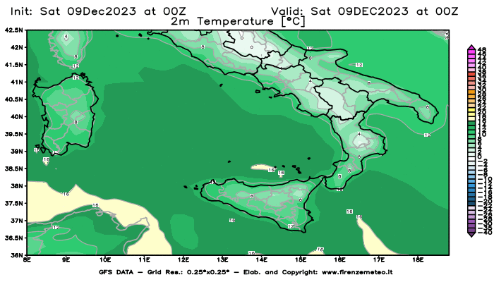GFS analysi map - Temperature at 2 m above ground in Southern Italy
									on December 9, 2023 H00
