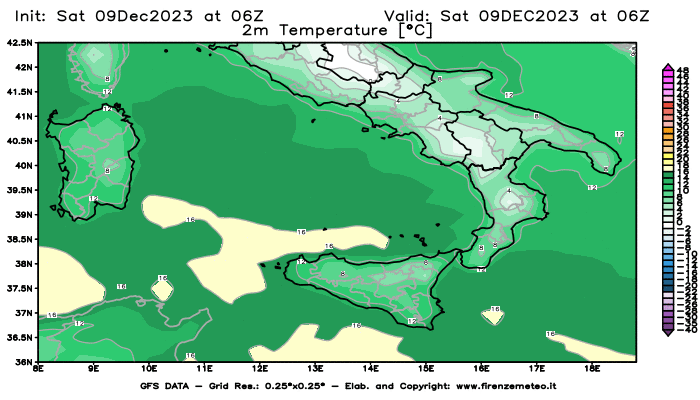 GFS analysi map - Temperature at 2 m above ground in Southern Italy
									on December 9, 2023 H06