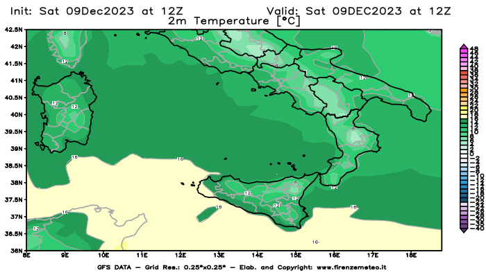 GFS analysi map - Temperature at 2 m above ground in Southern Italy
									on December 9, 2023 H12