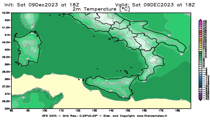 GFS analysi map - Temperature at 2 m above ground in Southern Italy
									on December 9, 2023 H18