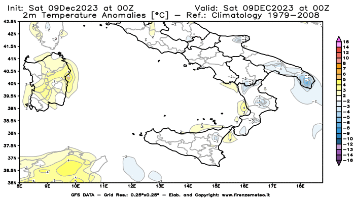 GFS analysi map - Temperature Anomalies at 2 m in Southern Italy
									on December 9, 2023 H00