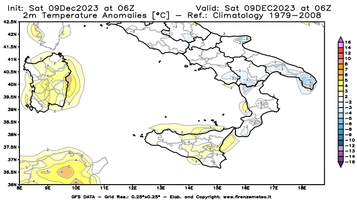 GFS analysi map - Temperature Anomalies at 2 m in Southern Italy
									on December 9, 2023 H06