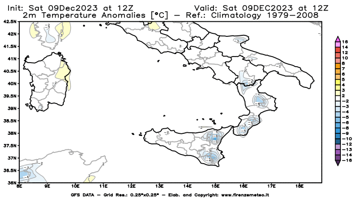 GFS analysi map - Temperature Anomalies at 2 m in Southern Italy
									on December 9, 2023 H12