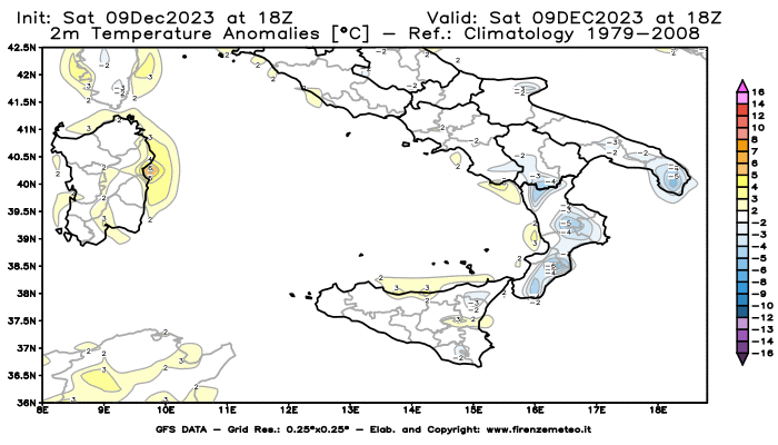 GFS analysi map - Temperature Anomalies at 2 m in Southern Italy
									on December 9, 2023 H18