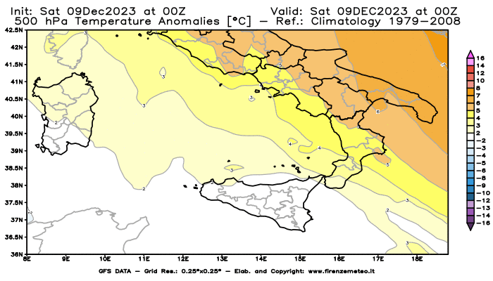 GFS analysi map - Temperature Anomalies at 500 hPa in Southern Italy
									on December 9, 2023 H00