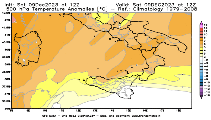 GFS analysi map - Temperature Anomalies at 500 hPa in Southern Italy
									on December 9, 2023 H12