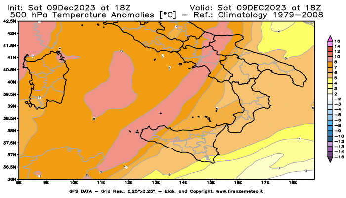 GFS analysi map - Temperature Anomalies at 500 hPa in Southern Italy
									on December 9, 2023 H18